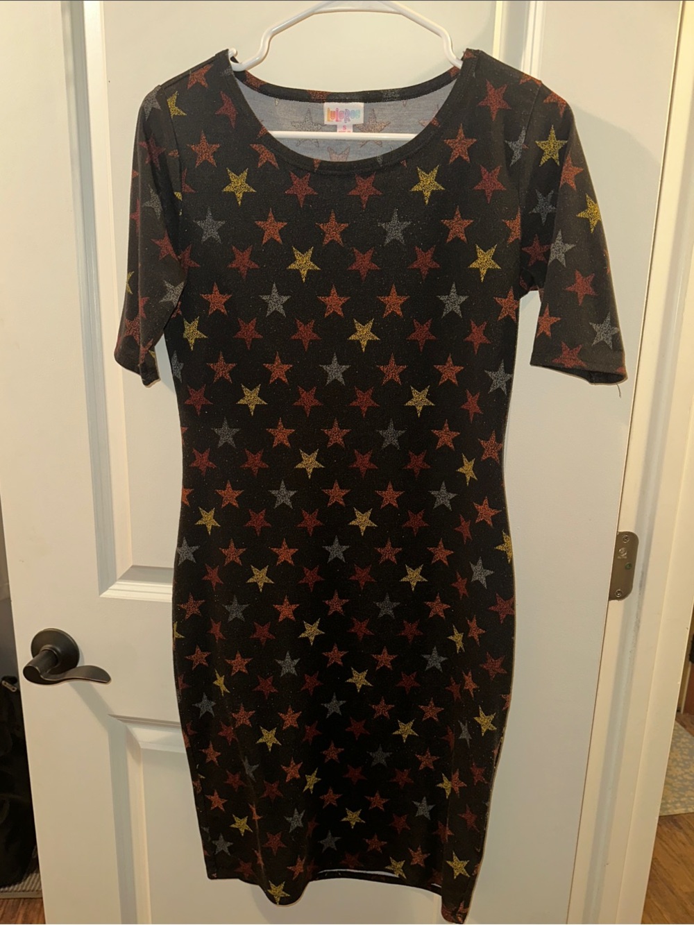 LuLaRoe Black Midi Dress with Red, Gold & Silver Stars